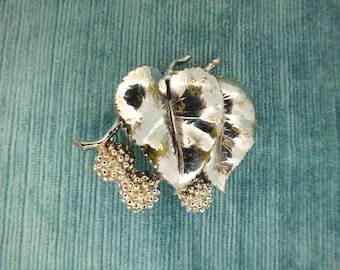 Signed Exquisite Brooch -  Vintage Double Leaf & Berries Brooch - Vintage Leaves  Brooch - Exquisite Silver Tone Metal Brooch