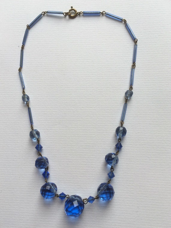 Vintage Art Deco Choker Necklace - Aqua Blue Glas… - image 2