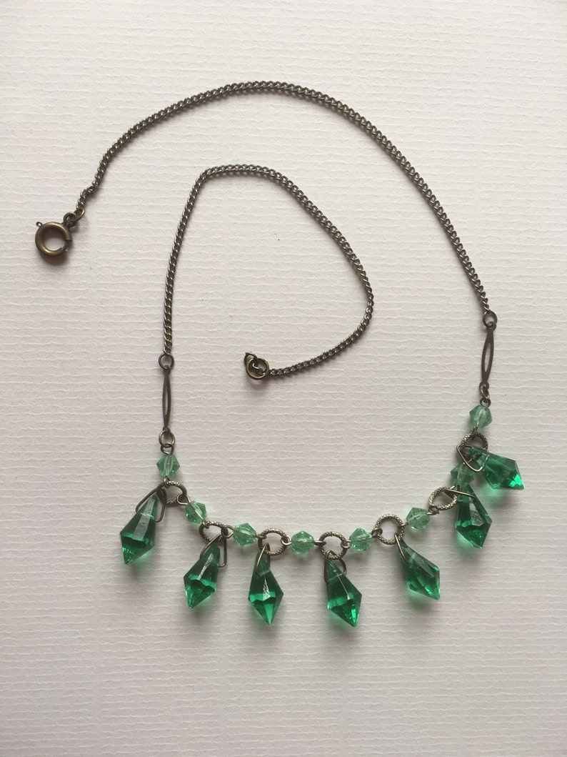 Silver Tone 1930s Costume Jewelry Vintage Art Deco Emerald Green Glass Bib Necklace