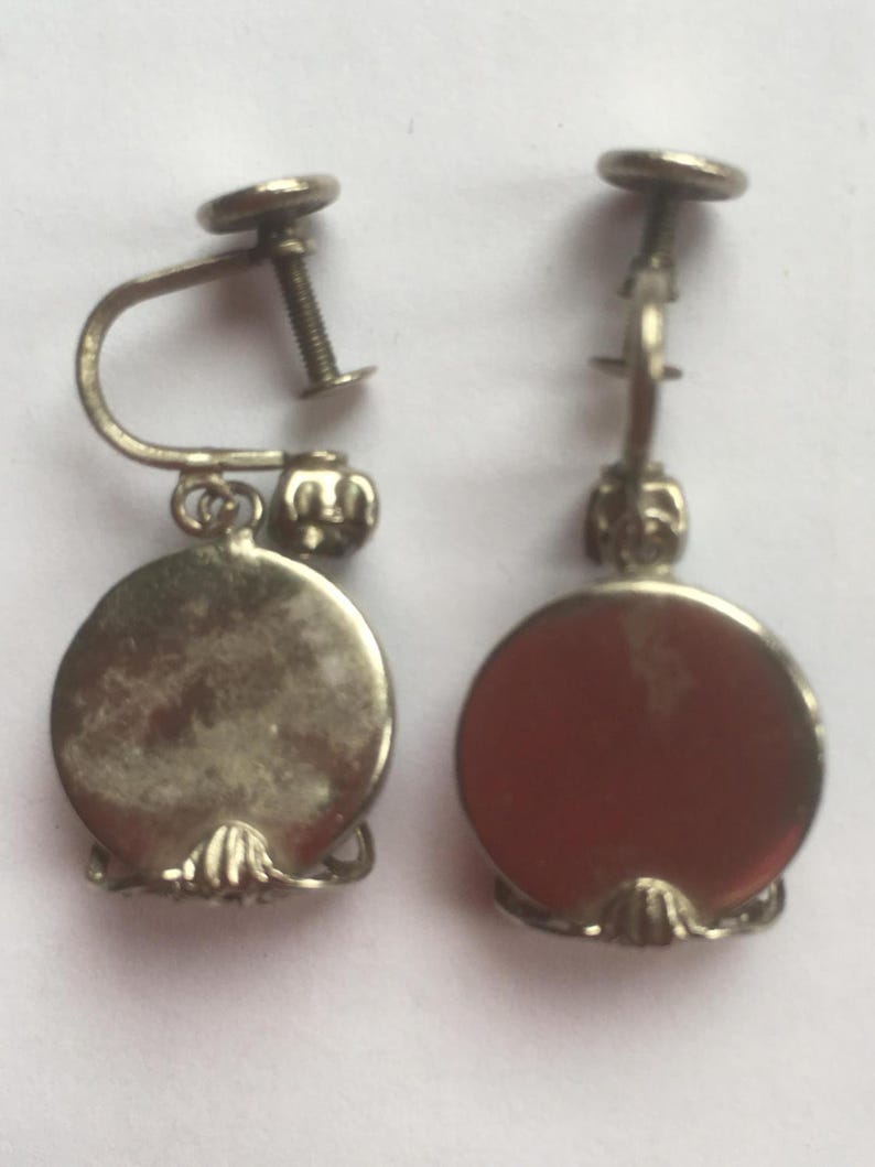 Vintage Simulated Amethyst Dangle Screw Back Earrings Purple Glass and Silver Tone Metal Open Work Earrings image 4