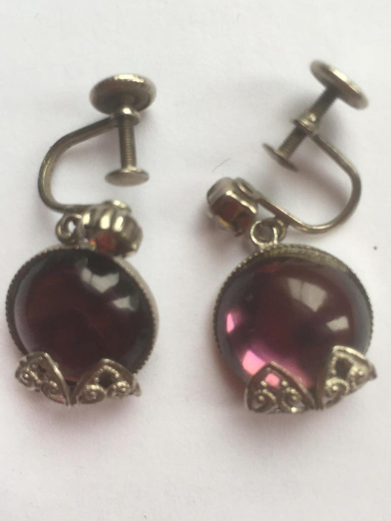 Vintage Simulated Amethyst Dangle Screw Back Earrings Purple Glass and Silver Tone Metal Open Work Earrings image 2