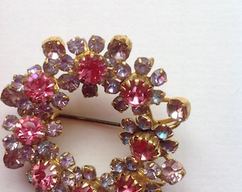 Vintage  Pink and Lilac Floral Wreath  Brooch - Vintage  Openwork  Multocolor Crystal Brooch - Vintage Statement Wreath Brooch