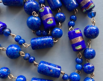 Vintage ketting met blauwe glaskralen in Murano-stijl, longline uit de jaren 60