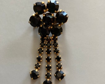 Vintage Gold-Tone Floral Brooch – Black Rhinestone Dangles Brooch
