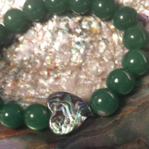 Genuine Dark Green Jade and Heart Abalone shell bracelet. Made in the Uk in Worcester