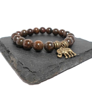 Genuine Bronzite and elephant charm healing gemstone bracelet - Leo bracelet - Bronzite and bronze - Bronzite jewelry - Chakra bracelet