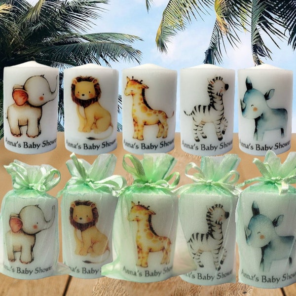 Baby Shower Favors Jungle Animals Candles Safari Personalized Gifts Gender Neutral Customizable Organza Bag Included