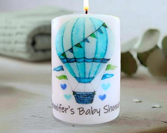 Personalized Hot Air Balloon Baby Shower Candle Favor for Boys Customizable Includes Blue Organza Bag