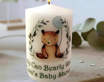 Personalized Woodland Teddy Bear Candle Favors for Baby Shower Guests We Can Bearly Wait