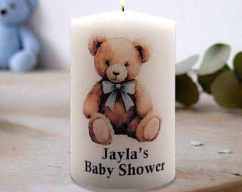 Personalized Baby Boy Shower Candle Favor, Teddy Bear with Blue Bow