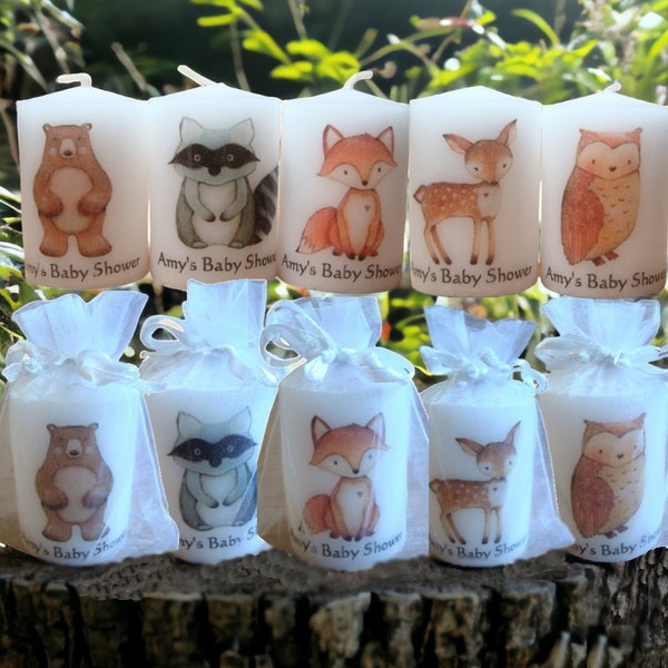 Woodland Animals Baby Shower Candle Favors  Gender Neutral  Unique Baptism Holy Communion Gift Organza Bag Included