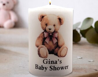 Teddy Bear Personalized Baby Girl Shower Candle Favor with Pink Bow