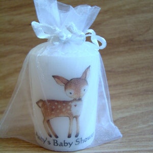 Close up of deer animal candle in organza bag