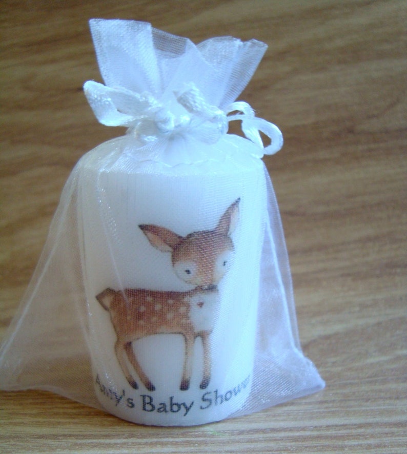 Close up of deer animal candle in organza bag