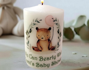 Personalized Woodland Teddy Bear Candle Favors for Baby Shower Guests We Can Bearly Wait