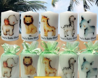 Safari Baby Shower Favors Jungle Animals Candles Personalized Gifts Gender Neutral Customizable Organza Bag Included
