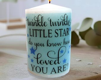 Personalized Baby Shower Candle Favors Twinkle Little Star Celestial in Blue Organza Bags Hostess Gift