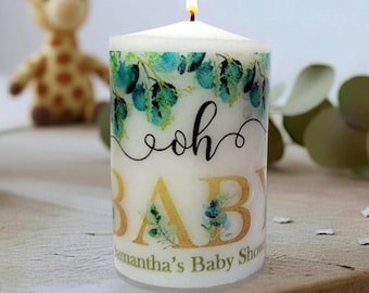 Personalized Eucalyptus Baby Shower Candle Favor Boho Greenery Keepsake Gift for Gender Neutral Celebration