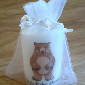 Close up of bear animal candle in organza bag