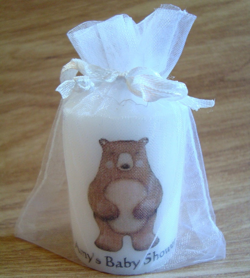 Close up of bear animal candle in organza bag