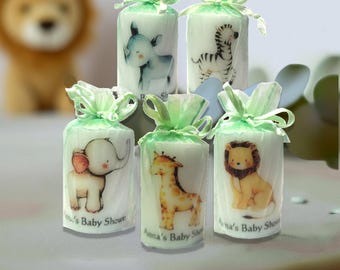 Personalized Safari Animal Baby Shower Candle Favor Jungle Themed Gender Neutral Gift