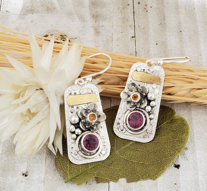 Rhodolite Garnet 22k gold Earrings January Birthstone Jewelry Pink Garnet Dangle Earrings Sterling Silver