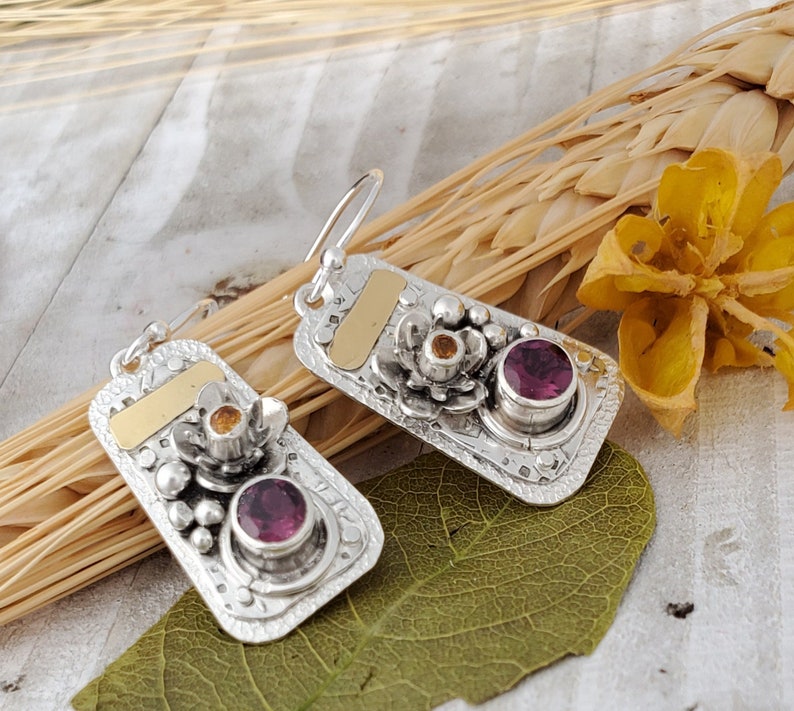 Rhodolite Garnet 22k gold Earrings January Birthstone Jewelry Pink Garnet Dangle Earrings Sterling Silver