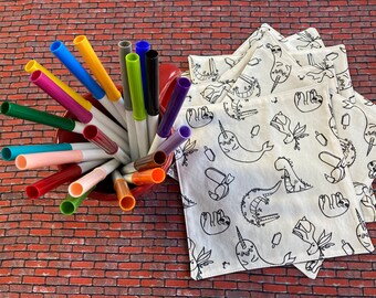 Set of 4 small washable DINOS coloring napkins, washable and eco-friendly, zero-waste cotton tablecloth