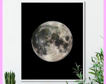 May include: A black and white photograph of a full moon against a black background.