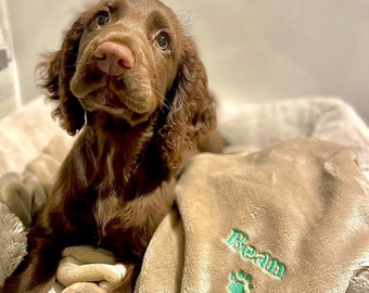 Personalised Embroidered Pet Dog Puppy blanket. Can be plain or personalised with your pets name and paw print. Large 120cm x 120cm