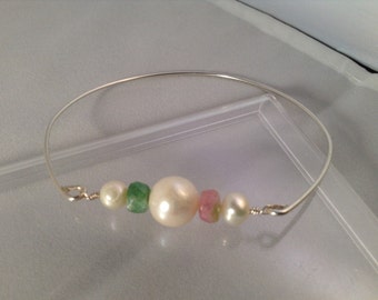 Watermelon Tourmaline and Freshwater pearl bangle bracelet