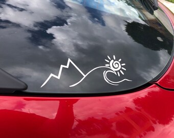 Mountain Sun Wave Vinyl Decal Transfer Sticker / Outdoors and Surf Sticker Label