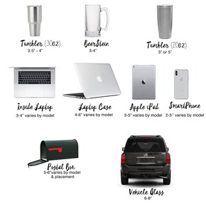 May include: A guide for measuring surfaces for vinyl decals. The guide includes images of various items, such as tumblers, laptops, mailboxes, and vehicles, with their approximate dimensions in inches. The text "FOR REFERENCE ONLY MEASURE YOUR SURFACE" is displayed at the bottom of the guide.
