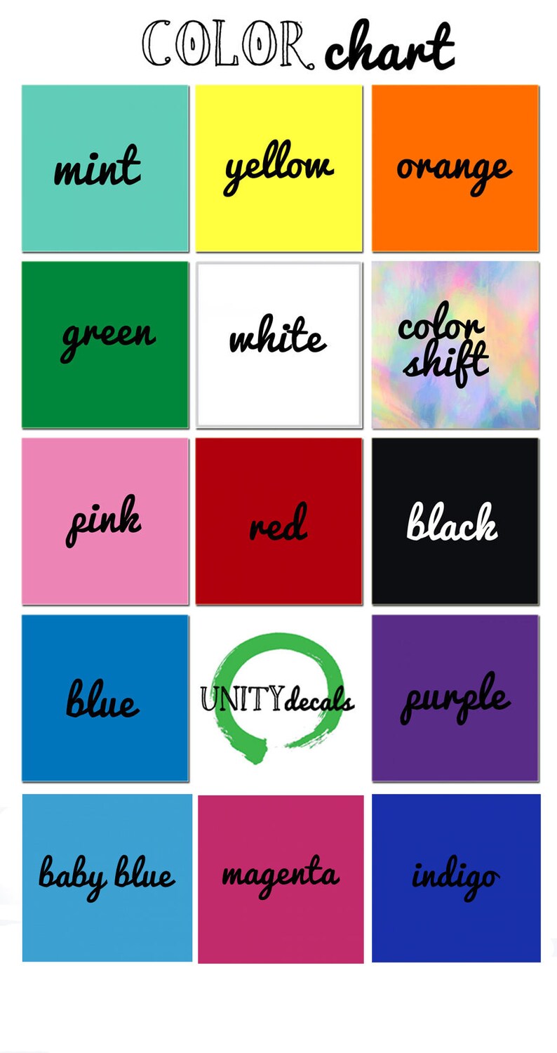 May include: A color chart with 12 different colors, including mint, yellow, orange, green, white, color shift, pink, red, black, blue, purple, baby blue, magenta, and indigo.