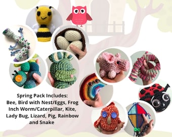 May include: A crochet bundle pack titled "Pattern Playhouse" with various spring-themed crochet patterns. Includes a bee, bird with nest, frog, inch worm, kite, ladybug, lizard, pig, rainbow, and snake. The text "April 2023" is at the top.