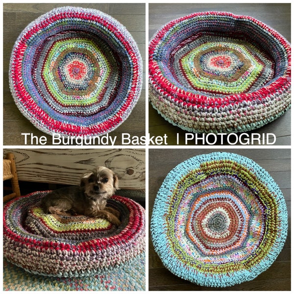 Puede incluir: Una cama para mascotas de crochet multicolor con un borde burdeos. La cama se muestra con un perro pequeño dentro. El texto "The Burgundy Basket | PHOTOGRID" es visible en la imagen.