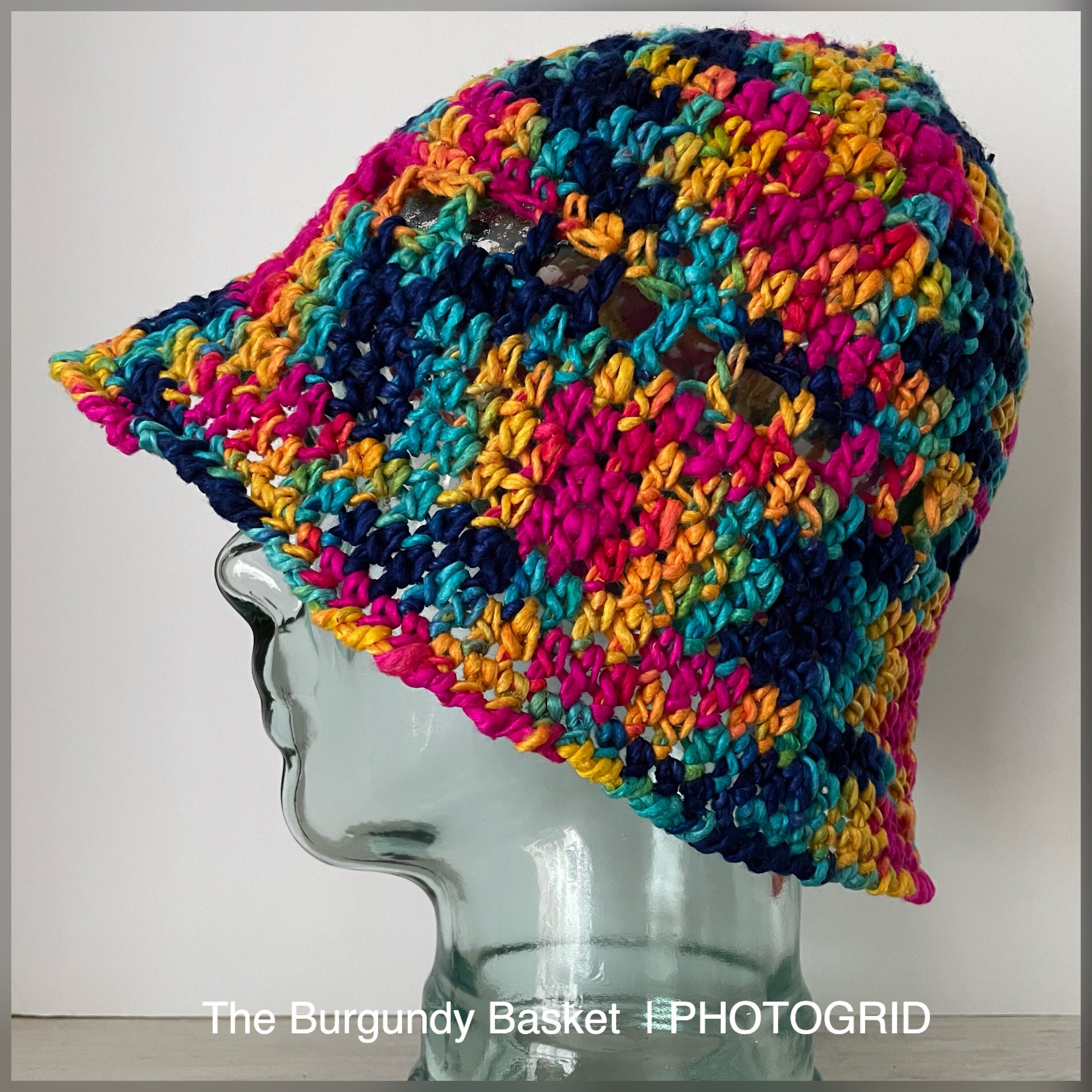 Handmade Crochet Recycled Silk Bucket Hat: Colorful Sun Hat 