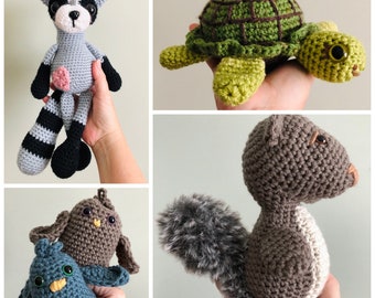 May include: Four crocheted stuffed animals: a raccoon, a turtle, a squirrel, and a bird. The raccoon is gray and black with a pink nose. The turtle is green with a brown shell. The squirrel is brown with a gray tail. The bird is blue with a yellow beak.