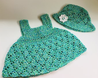 Crochet Cotton Baby Dress with Sun Hat: Aqua Green Knit Set