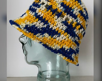 Crochet SILK BUCKET HAT, Recycled Silk Ladies Hat, Gifts for Her, Beanie, Gold, Blue, Fall Fashion, Women, Unique, Handmade