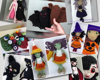 CROCHET HALLOWEEN PaTTERN BUNDLE, *PaTTERNs Only* Pdf, Amigurumi, Tutorial for Vampire, Witches, Candy Corn, Bat, Princess, Black Cat,