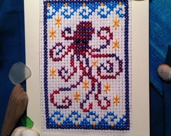 EMBROIDERY KIT: BEGINNERS. Cross stitch Octopus kit.  4X6 in. Age 6 and up
