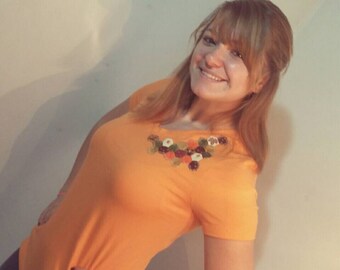 Oranje T-shirt verfraaid met herfst zeshoeken, extra kleine grootte (0-2) mist