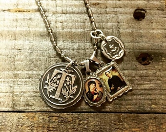 Wax seal initial pendant necklace with religious charms