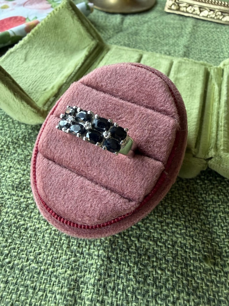 May include: A silver ring with two rows of oval, dark blue gemstones and small, clear stones. The ring is displayed in a pink velvet ring box with a red zipper, set against a green textured background.