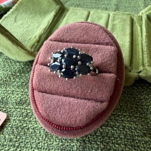 May include: A silver ring with a cluster of dark blue oval gemstones set on a pink velvet ring box. The ring box is inside a green velvet jewelry case, set on a green textured surface.