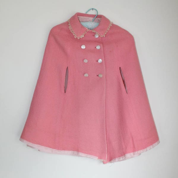 Girls Pink Cape White Lace Buttons 1960s