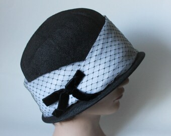 Black and White Formal Hat Cloche Vintage 1970's