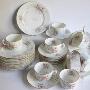Antique Dish Set Limoges Delicate Salad Plates Teacups Pink Roses Circa 1890&#39;s