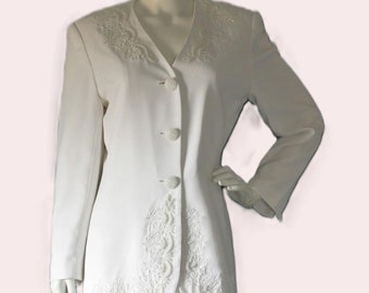 Vintage 1980s White Beaded Skirt Suit, Anthony Sicari, Size 10